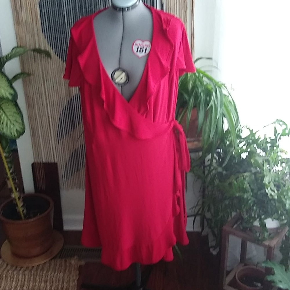 NWT Tiana B Red Knit Wrap flutter slv Dress Sz 16w